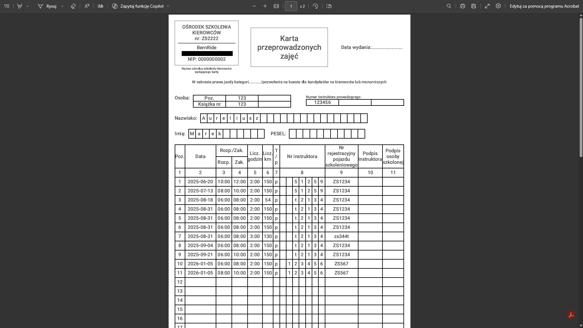 Wydruki dzięki systemowi dla OSK CarDriveManager